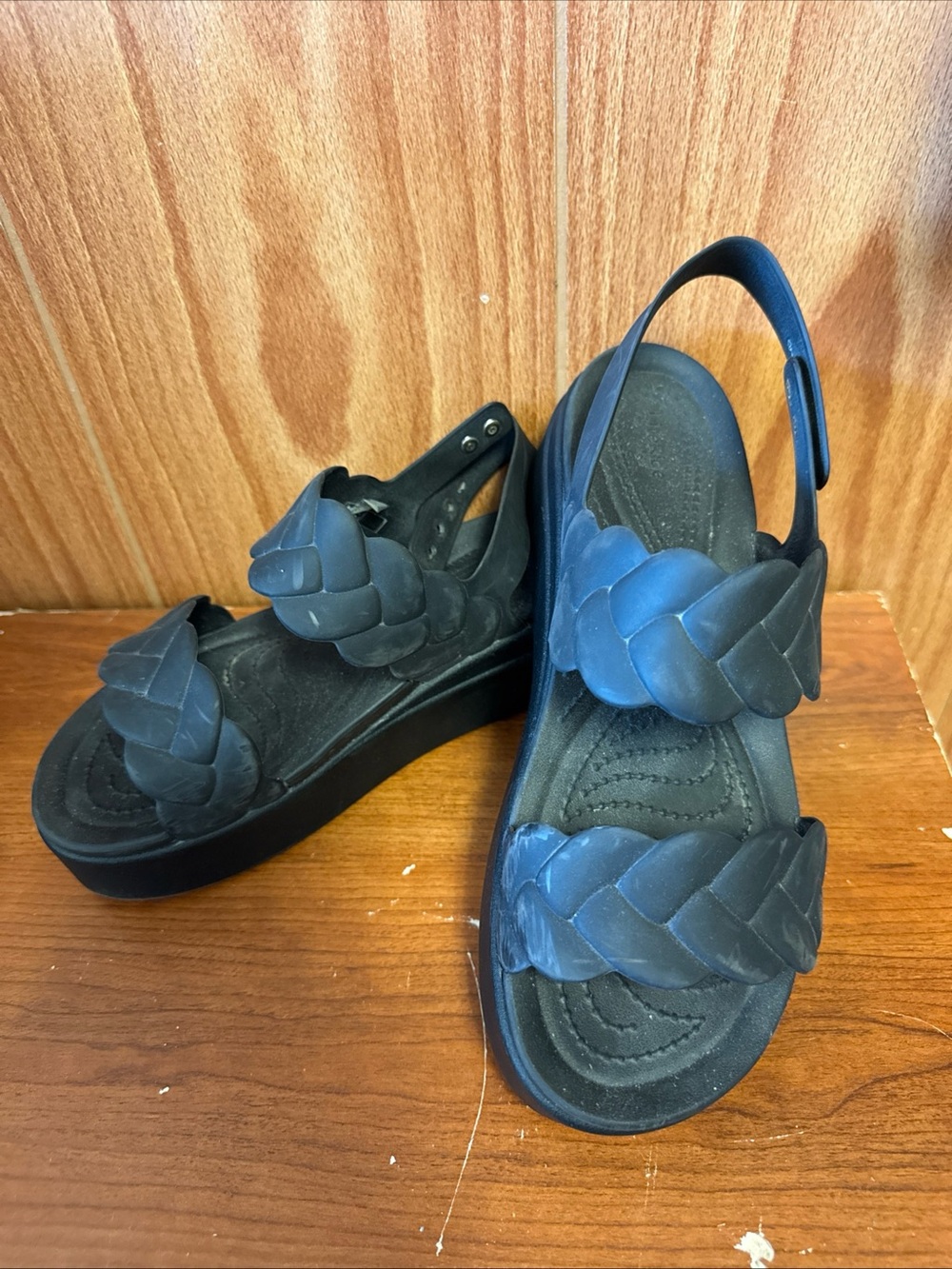 Lite Ride Black Woven Illusion Strap Wedge Sandals Women's 9 Adjustable Snap